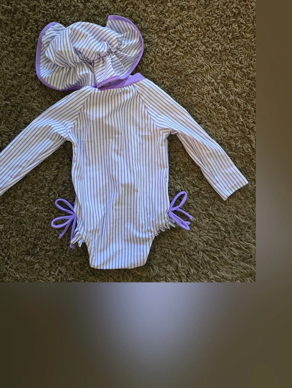 Lilac Striped Long-Sleeve Baby Rashguard Swim Set with Sun Hat. 6-9 Months. NWT.